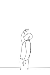 man looks up and stretches his hand - one line drawing vector. a man tries to consider something above him and covers his eyes with a palm of a bright light