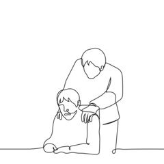 man is holding another upset man - one line drawing vector. comfort concept; forcing the boss to work overtime; unwanted touch; sexual harassment