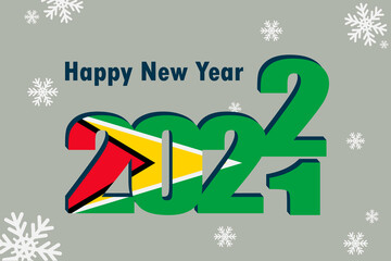 New year's card 2022. Demonstrates the element of the flag of Guyana, holiday inscription and snowflakes. It can be used as a banner flyer, postcard, website, or national greeting.