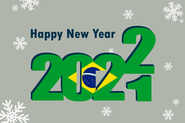 New year's card 2022. Demonstrates an element of the flag of Brazil, a festive inscription and snowflakes. It can be used as a banner flyer, postcard, website, or national greeting.