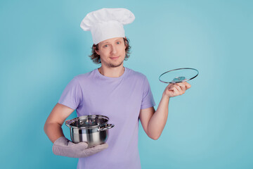 Confident charismatic chef open pot prepare cook delicious meal