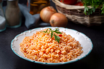Traditional delicious Turkish food; rice pilaf with tomatoes (Turkish name; Domatesli pirinc pilavi)