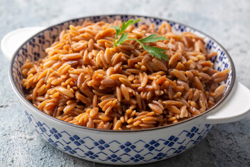 Traditional delicious Turkish dish, barley noodle pilaf (Turkish name; Arpa sehriye pilavi)