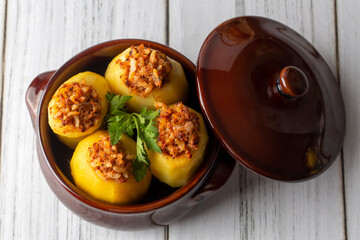 Traditional delicious Turkish food; stuffed potatoes (Turkish name; Patates dolmasi)