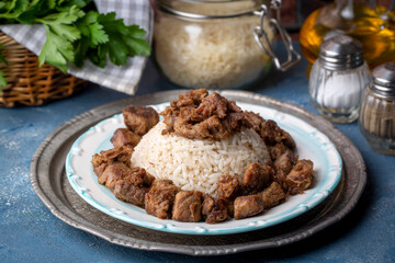 Turkish Meat Et Kavurma with rice - pilav (Turkish name; kurban kavurma)