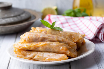 Lahana Sarma - Lahana sarmasi, Turkish traditional food,a boiled cabbage leaf that is formed into a roll with a stuffing of rice