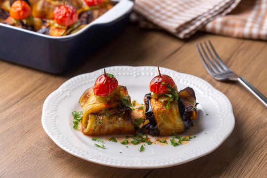 Traditional delicious Turkish food; Kofte kebab wrapped in eggplant (Turkish name; Islim - islim kebabi or kurdan kebabi)