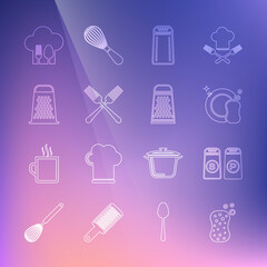 Set line Sponge with bubbles, Salt and pepper, Washing dishes, Crossed fork, Grater, Chef hat spoon and icon. Vector