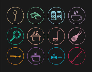Set line Knife, Kitchen whisk, Salt and pepper, Cooking pot, Frying pan, Spoon, ladle and icon. Vector
