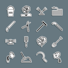 Set line Watering can, Garden shovel, saw, Automatic irrigation sprinklers, Gardening handmade scissor, Bucket and rake icon. Vector