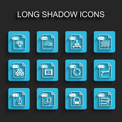 Set line EPS file document, WAV, RUBY, MP3, M3U, MP4, SVG and GIF icon. Vector