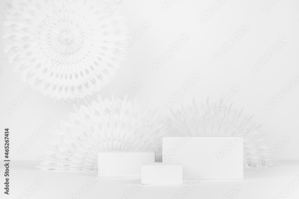Poster delicate soft light white abstract scene with set of different size rectangle podiums template for s