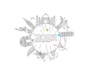 Happy New Year 2022 Text with travel world Design Patter, Vector illustration.