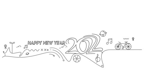 Obraz premium Happy New Year 2022 Text with travel world Design Patter, Vector illustration.