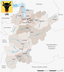 vector administrative map of the Swiss canton of Uri with flag - obrazy, fototapety, plakaty