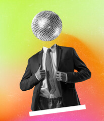 Contemporary art collage of man in official suit with disco ball head isolated over multicolored...