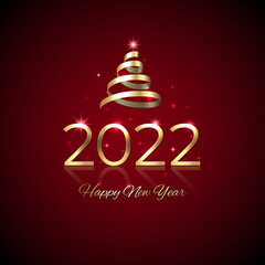 Fototapeta na wymiar New Year 2022. Shiny golden 2022 with ribbon on red background. New Year design for invitation, greeting card, calendar. Party event decoration. Shiny gold logo. Holiday greeting card, vector