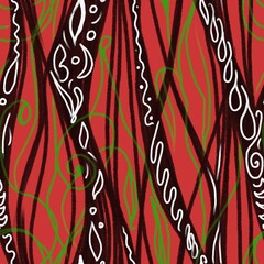 Seamless botanical black and red pattern on  red background hand-drawn. Design of the background, packaging, cover, wallpaper, fabric, textiles. Modern fashion pattern.