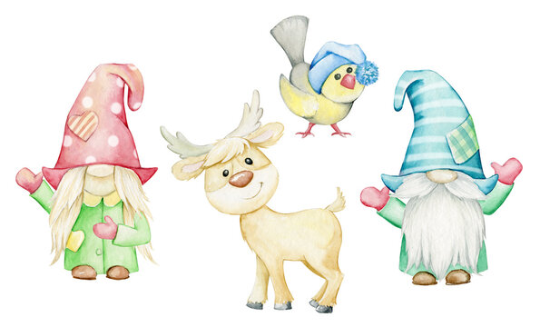 Scandinavian gnomes, reindeer, tit. Christmas set, heroes, in cartoon style, painted in watercolor