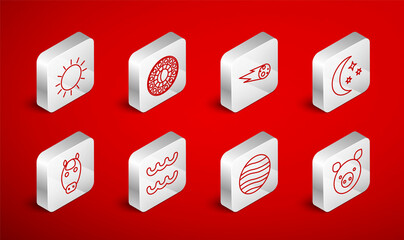 Set line Pig zodiac, Astrology horoscope circle, Comet falling down fast, Moon and stars, Planet Jupiter, Sun, Aquarius and Horse icon. Vector