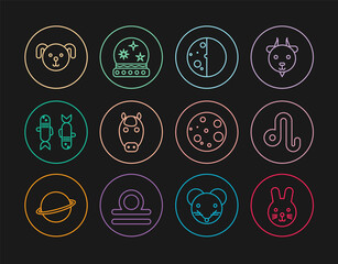 Set line Rabbit zodiac, Leo, Eclipse of the sun, Horse, Pisces, Dog, Moon and Magic ball icon. Vector