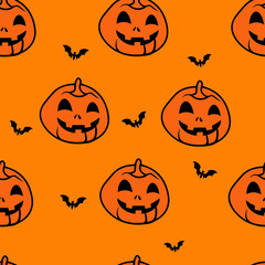 Halloween Pumpkin Seamless Pattern on Orange Background, Vector illustrator Design