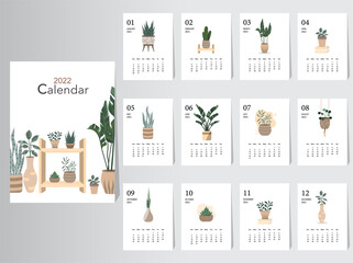 Cute calendar 2022 design,The year of plant monthly cards templates,Set of 12 month,Monthly trees,leaf,Vector illustrations.