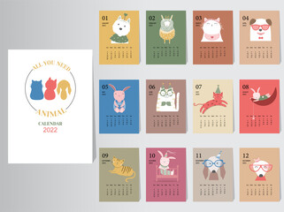 Cute animal calendar 2022 design,The year of the animals monthly cards templates,Set of 12 month,Monthly kids,cool,Vector illustrations.