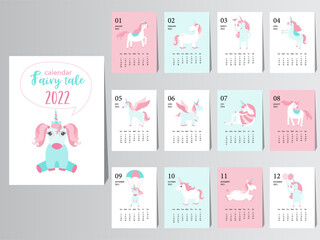 Cute animal calendar 2022 design,The year of the fairy tale monthly cards templates,Set of 12 month,Monthly kids,cool,Vector illustrations. - obrazy, fototapety, plakaty