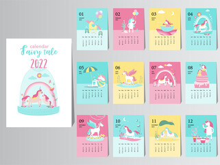 Fototapeta na wymiar Cute animal calendar 2022 design,The year of the fairy tale monthly cards templates,Set of 12 month,Monthly kids,cool,Vector illustrations.