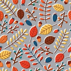 Modern seamless pattern with fallen leaves, tree branches, sprigs, twigs, acorns and berries on grey background. Autumn vector illustration in flat cartoon style for wrapping paper, fabric print.