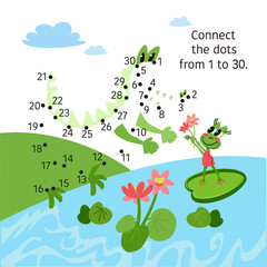 Bouquet of lotuses for crocodile. Activity page for kids. Educational game. Connect dots from 1 to 30.