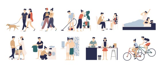 Collection of daily life or everyday routine scenes of young romantic couple. Pair of boy and girl walking dog, cleaning up house, cooking food, washing clothes, buying food. Flat vector illustration.