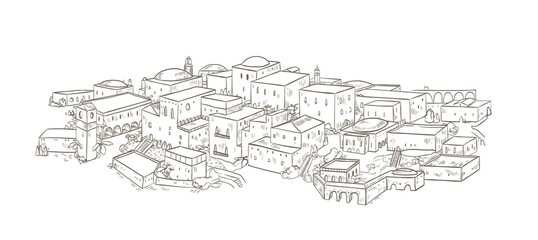 Ancient city with old buildings of oriental architecture hand drawn with contour lines on white background. Monochrome drawing of Jerusalem or Baghdad. Beautiful cityscape. Vector illustration