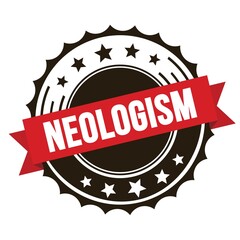 NEOLOGISM text on red brown ribbon stamp.