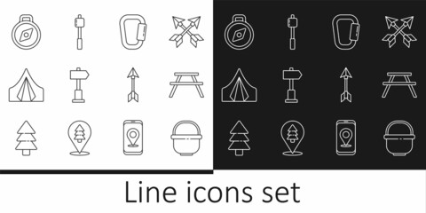 Set line Camping pot, Picnic table with benches, Carabiner, Road traffic signpost, Tourist tent, Compass, Hipster arrow and Marshmallow on stick icon. Vector