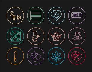 Set line Herbal ecstasy tablets, Marijuana or cannabis leaf, in heart, Glass bong for smoking marijuana, Medical pills with, Cannabis molecule, and Rolling paper icon. Vector
