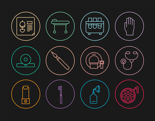 Set line Surgery lamp, Stethoscope, Test tube and flask, Medical surgery scalpel, Otolaryngological head reflector, X-ray shots, Tomography and Stretcher icon. Vector