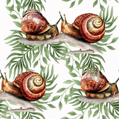 seamless pattern with snails in leaves