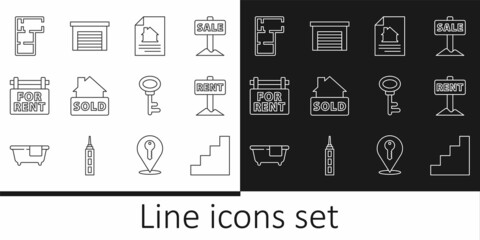 Set line Staircase, Hanging sign with Rent, House contract, text Sold, For, plan, key and Garage icon. Vector