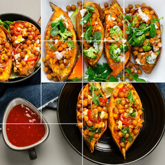 Collage made of dishes with baked sweet potato.