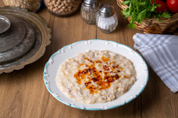 Traditional turkish food, made of meat and wheat, delicious ramadan food (Turkish name; Keskek)