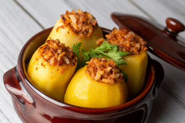 Traditional delicious Turkish food; stuffed potatoes (Turkish name; Patates dolmasi)