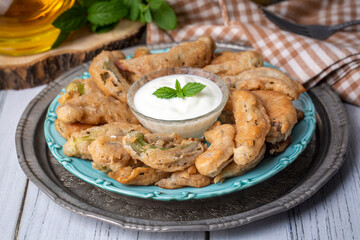 Fried Okra Tempura with Yogurt - Yoghurt Sauce. Healthy Snacks.
