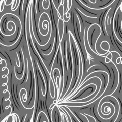 Beautiful seamless retro hand-drawn pattern. Lines, curls, waves, plants on a grey background. Design of fabric, textiles, clothing, wallpaper, wrapping paper, background, cover.