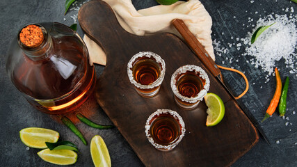 Tequila shots with lime and salt on gray background.