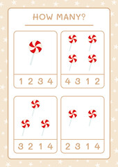 How many christmas lollipop, game for children. Vector illustration, printable worksheet