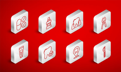 Set line Dental floss, Mouthwash bottle, Tooth, pliers, clinic location, Painkiller tablet, whitening concept and Tube of toothpaste icon. Vector