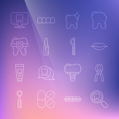 Set line Dental search, pliers, Smiling lips, Tooth whitening, Painkiller tablet, Teeth with braces, clinic location and floss icon. Vector