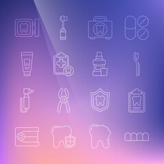 Set line Dentures model, Dental card, Toothbrush, First aid kit, Tube of toothpaste, clinic location and Mouthwash bottle icon. Vector